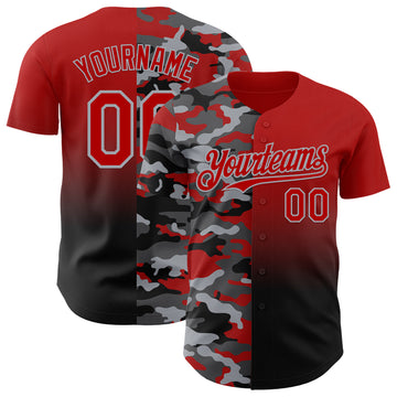 Custom Red Black-Gray Half Camo Ombre Authentic Baseball Jersey
