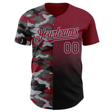 Custom Crimson Black-Gray Half Camo Ombre Authentic Baseball Jersey