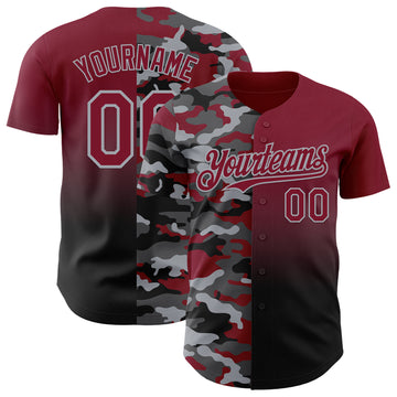 Custom Crimson Black-Gray Half Camo Ombre Authentic Baseball Jersey