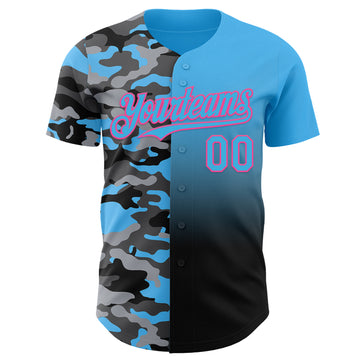 Custom Sky Blue Black-Pink Half Camo Ombre Authentic Baseball Jersey