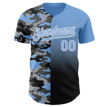 Custom Light Blue Black-White Half Camo Ombre Authentic Baseball Jersey
