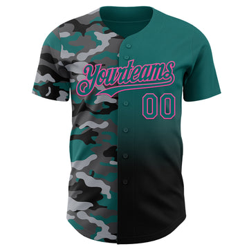 Custom Teal Black-Pink Half Camo Ombre Authentic Baseball Jersey