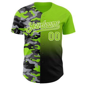 Custom Neon Green Black-White Half Camo Ombre Authentic Baseball Jersey