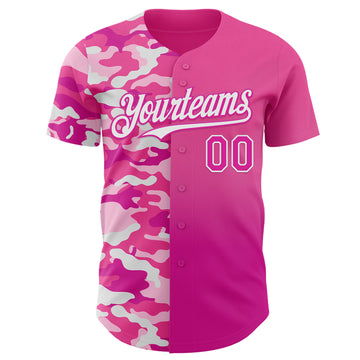 Custom Pink Deep Pink-White Half Camo Ombre Authentic Baseball Jersey