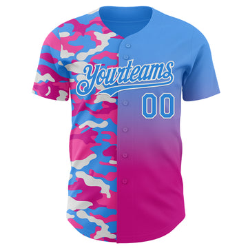 Custom Electric Blue Deep Pink-White Half Camo Ombre Authentic Baseball Jersey