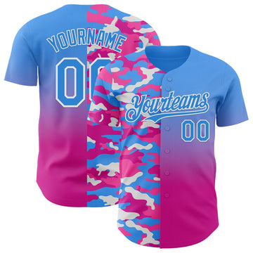 Custom Electric Blue Deep Pink-White Half Camo Ombre Authentic Baseball Jersey