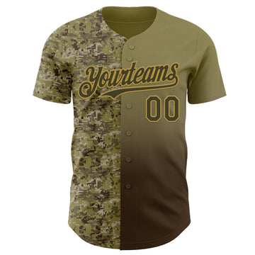 Custom Olive Brown-Old Gold Half Camo Ombre Authentic Baseball Jersey