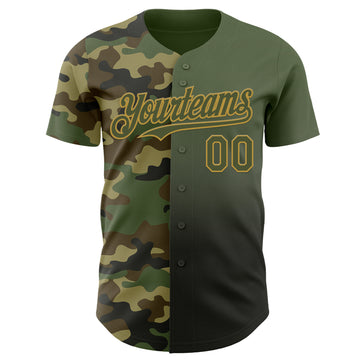 Custom Olive Black-Old Gold Half Camo Ombre Authentic Baseball Jersey