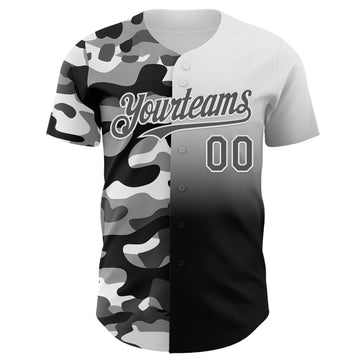 Custom White Steel Gray-Black Half Camo Ombre Authentic Baseball Jersey