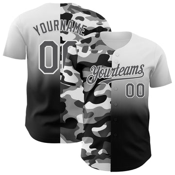 Custom White Steel Gray-Black Half Camo Ombre Authentic Baseball Jersey