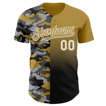 Custom Old Gold White-Black Half Camo Ombre Authentic Baseball Jersey