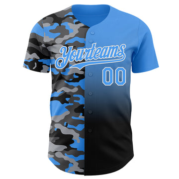Custom Electric Blue Black-White Half Camo Ombre Authentic Baseball Jersey