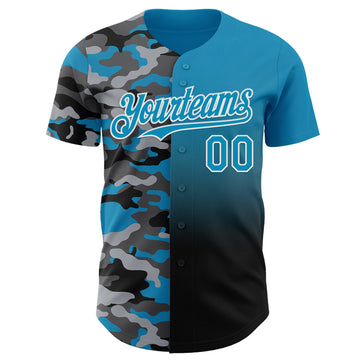 Custom Panther Blue Black-White Half Camo Ombre Authentic Baseball Jersey