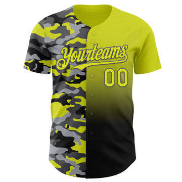 Custom Neon Yellow Black-Steel Gray Half Camo Ombre Authentic Baseball Jersey