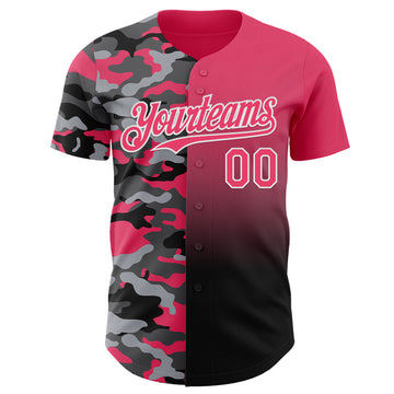 Custom Neon Pink Black-White Half Camo Ombre Authentic Baseball Jersey