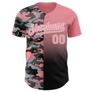 Custom Medium Pink Black-White Half Camo Ombre Authentic Baseball Jersey