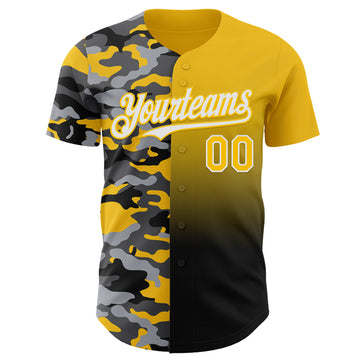Custom Yellow Black-White Half Camo Ombre Authentic Baseball Jersey