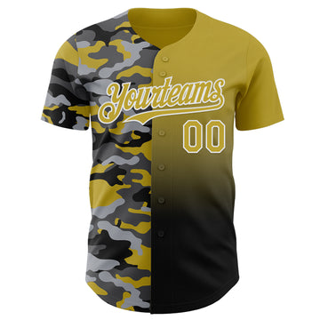 Custom Old Gold Black-White Half Camo Ombre Authentic Baseball Jersey