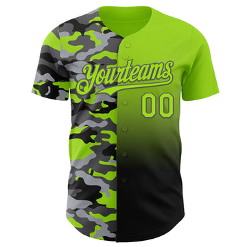 Custom Neon Green Black-Steel Gray Half Camo Ombre Authentic Baseball Jersey