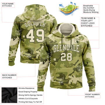 Custom Stitched Camo Cream-Olive 3D Skull Fashion Sports Pullover Sweatshirt Hoodie