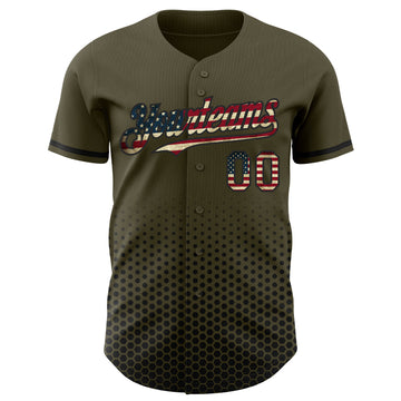 Custom Olive Vintage USA Flag-Black Geometric Hexagonal Dot Gradient Authentic Baseball Jersey