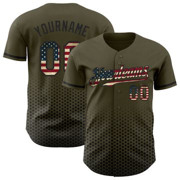 Custom Olive Vintage USA Flag-Black Geometric Hexagonal Dot Gradient Authentic Baseball Jersey