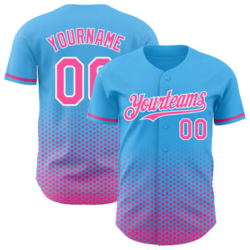 Custom Sky Blue Pink-White Geometric Hexagonal Dot Gradient Authentic Baseball Jersey