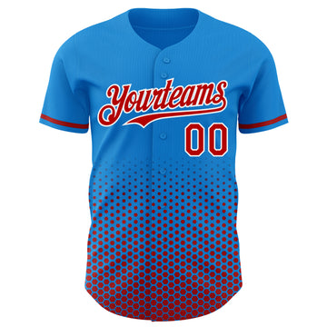 Custom Electric Blue Red-White Geometric Hexagonal Dot Gradient Authentic Baseball Jersey