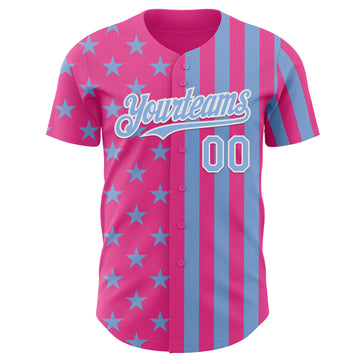 Custom Pink Light Blue-White USA Flag Patriotic Split Stars and Stripes Authentic Baseball Jersey