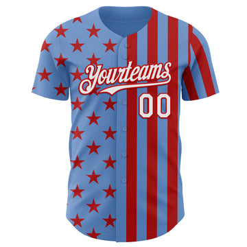 Custom Powder Blue White-Red USA Flag Patriotic Split Stars and Stripes Authentic Baseball Jersey
