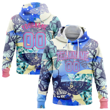 Custom Stitched White Light Blue-Pink 3D Skull Fashion Flower And Butterfly Sports Pullover Sweatshirt Hoodie