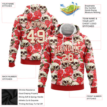 Custom Stitched Red Cream 3D Skull Fashion Flower Sports Pullover Sweatshirt Hoodie