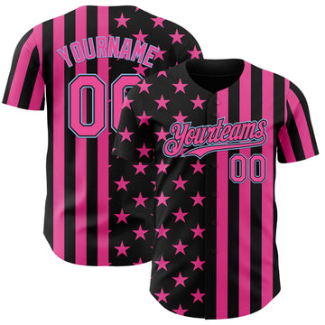 Custom Black Pink-Light Blue USA Flag Patriotic Split Stars and Stripes Authentic Baseball Jersey