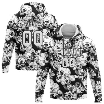 Custom Stitched Black White 3D Skull Fashion Flower Sports Pullover Sweatshirt Hoodie