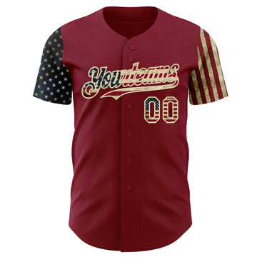 Custom Crimson Vintage USA Flag-City Cream Two Tone USA Flag Sleeves Stars and Stripes Authentic Baseball Jersey