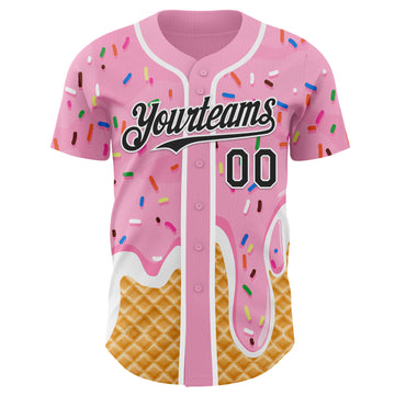 Custom Light Pink Black-White Ice Cream Waffle Foodie Dessert Authentic Baseball Jersey