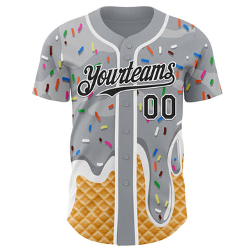 Custom Gray Black-White Ice Cream Waffle Foodie Dessert Authentic Baseball Jersey