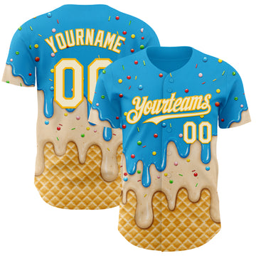Custom Sky Blue White Cream-Gold Ice Cream Waffle Foodie Dessert Authentic Baseball Jersey
