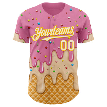 Custom Light Pink White-Gold Ice Cream Waffle Foodie Dessert Authentic Baseball Jersey