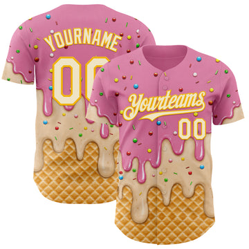 Custom Light Pink White-Gold Ice Cream Waffle Foodie Dessert Authentic Baseball Jersey