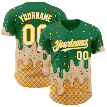 Custom Kelly Green Cream-Gold Ice Cream Waffle Foodie Dessert Authentic Baseball Jersey