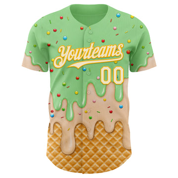 Custom Pea Green Cream-Gold Ice Cream Waffle Foodie Dessert Authentic Baseball Jersey