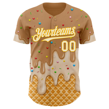 Custom Tan Cream-Gold Ice Cream Waffle Foodie Dessert Authentic Baseball Jersey