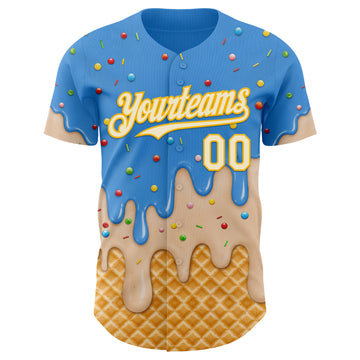 Custom Electric Blue Cream-Gold Ice Cream Waffle Foodie Dessert Authentic Baseball Jersey