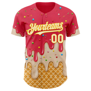 Custom Coral Red Cream-Gold Ice Cream Waffle Foodie Dessert Authentic Baseball Jersey
