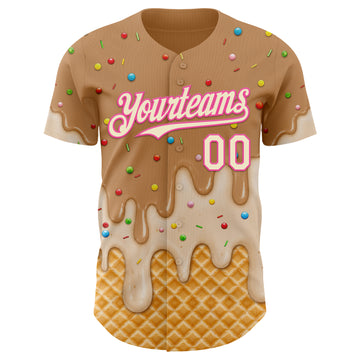 Custom Tan Cream-Pink Ice Cream Waffle Foodie Dessert Authentic Baseball Jersey