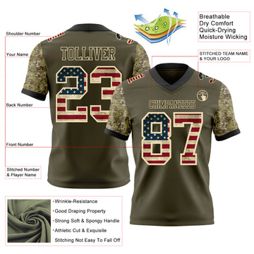 Custom Olive Vintage USA Flag-Cream Authentic Camo Two Tone Salute To Service 7V7 Flag Football Jersey