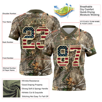 Custom Camo Vintage USA Flag Cream-Olive Authentic Woodland Camouflage Salute To Service 7V7 Flag Football Jersey