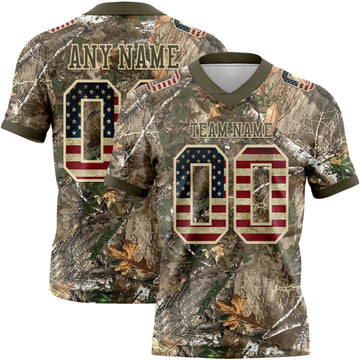 Custom Camo Vintage USA Flag Cream-Olive Authentic Woodland Camouflage Salute To Service 7V7 Flag Football Jersey