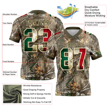 Custom Camo Vintage Mexican Flag Cream-Olive Authentic Woodland Camouflage Salute To Service 7V7 Flag Football Jersey